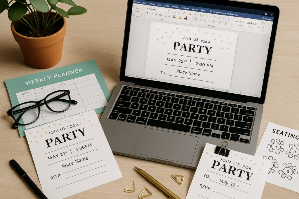 Event planning workspace with laptop, planner and printable designs