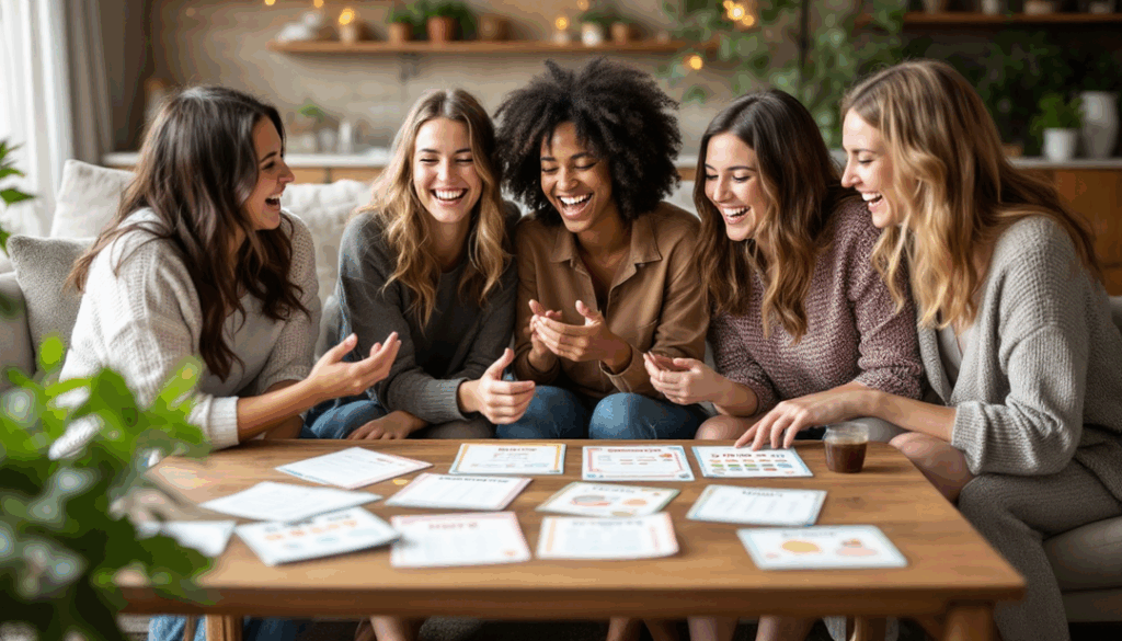 Happy friends laughing while playing baby shower games with printables