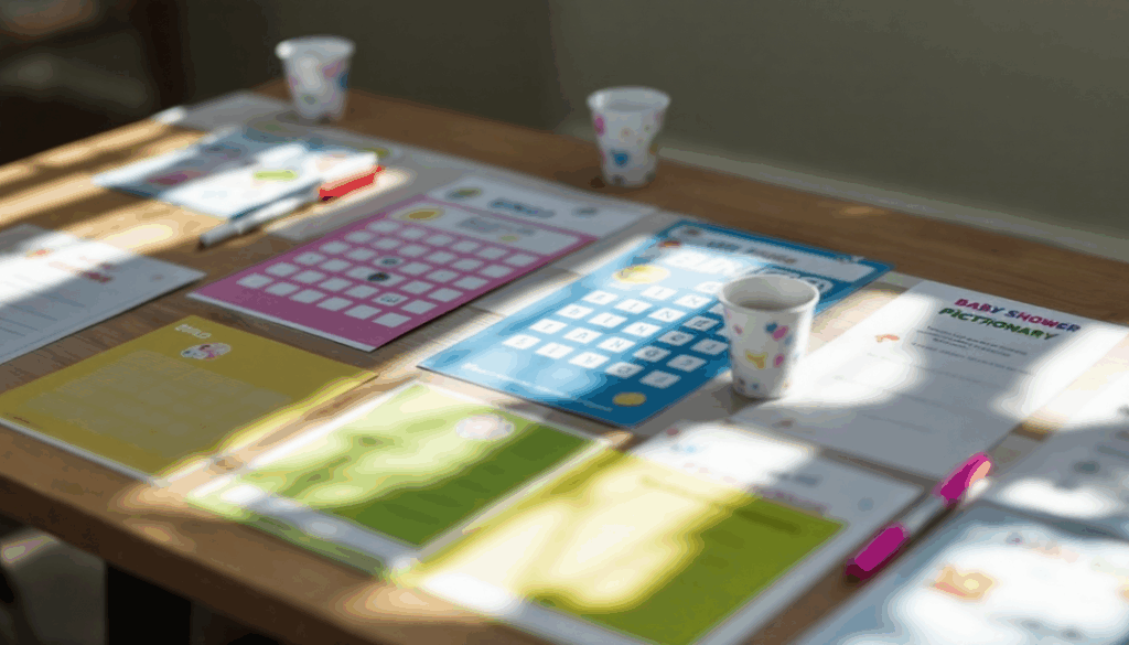 Vibrant printable game cards for Baby Bingo and Pictionary laid out on a table, ready for a baby shower.