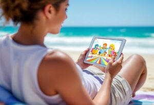 Person reads e-book on tablet at beach, showing digital convenience.
