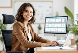 Smiling professional easily accessing printable digital resources on a tablet.